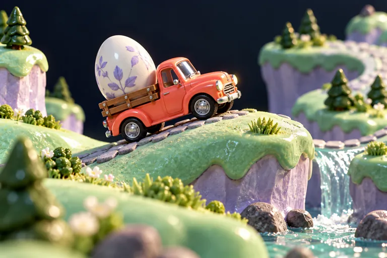 Conceptual miniature illustration: a tiny coral toy car carrying an unbroken porcelain egg over rolling mint hills.