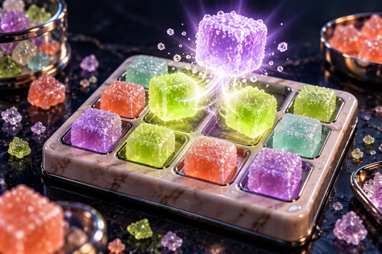 Conceptual miniature illustration: translucent candy cubes merging on a small puzzle board with sugar crystals.