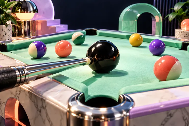 Conceptual miniature illustration: a glossy black eight-ball without numeral, chrome cue and colorful billiard balls on a miniature mint pool table.