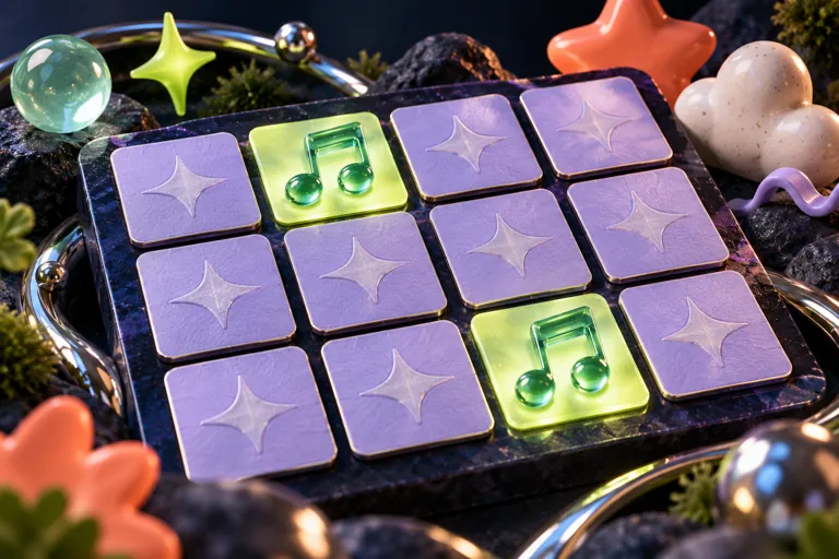 Conceptual miniature illustration: two identical glass symbols revealed in a beautifully arranged card grid.