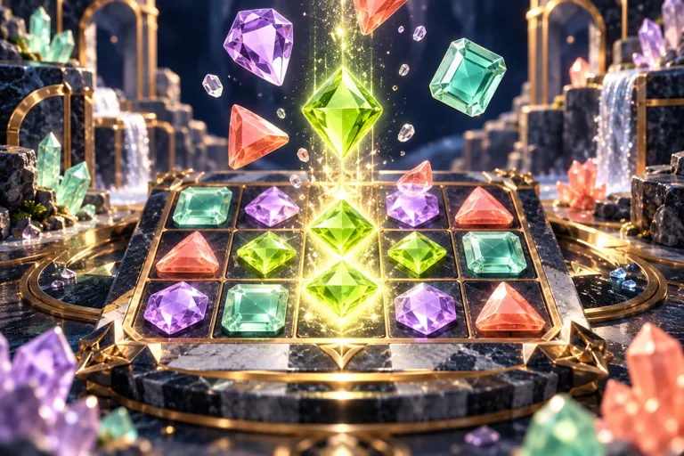 Conceptual miniature illustration: faceted mint, violet and coral jewels falling through a miniature matching puzzle.
