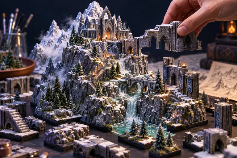 Conceptual miniature illustration: modular miniature fantasy mountain terrain with architectural pieces being assembled.