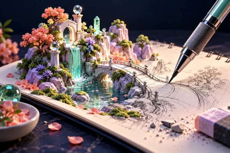 Conceptual miniature illustration: a mechanical pencil completing a beautiful three-dimensional sketch.