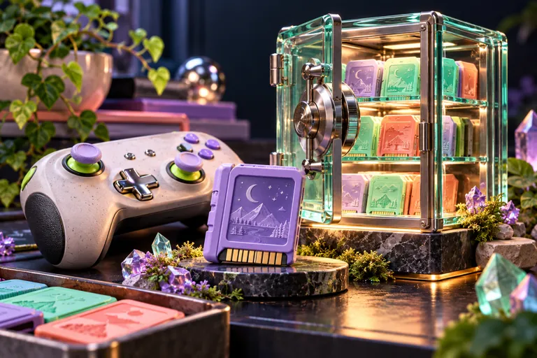 Conceptual miniature illustration: a miniature save cartridge and a secure glass archive vault beside a controller.