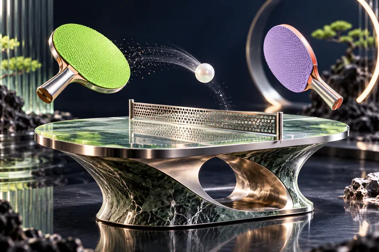 Conceptual miniature illustration: miniature table tennis paddles and a pearl ball above a sculptural table.