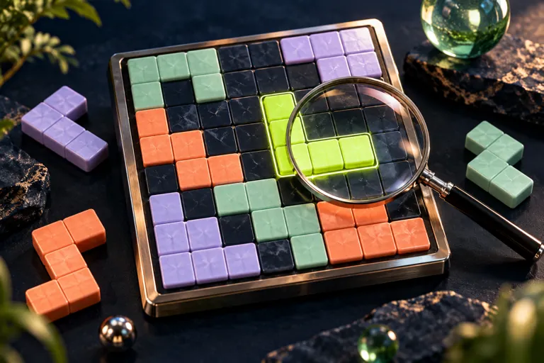 Conceptual miniature illustration: a miniature 8 by 8 puzzle board with one highlighted polyomino placement and a magnifier.