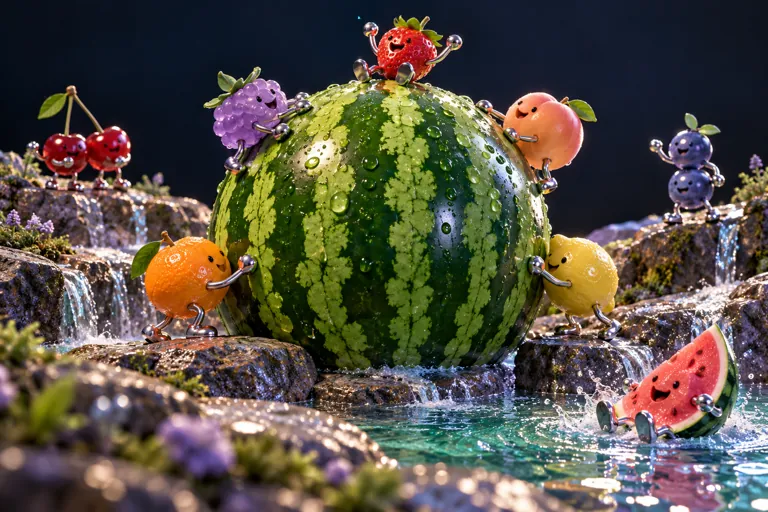 Conceptual miniature illustration: small fruit sculptures converging around a large glossy watermelon.