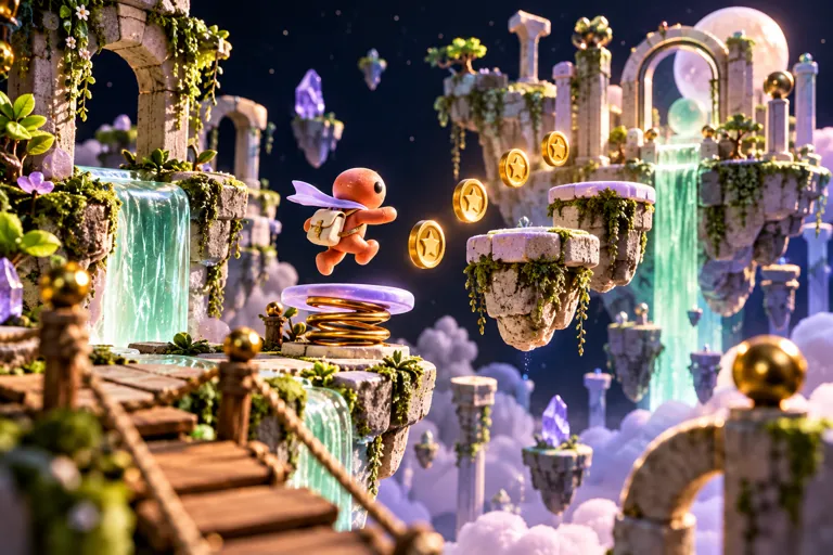 Conceptual miniature illustration: an original tiny coral explorer pawn crossing dramatic floating platforms, spring pads and gold coins.