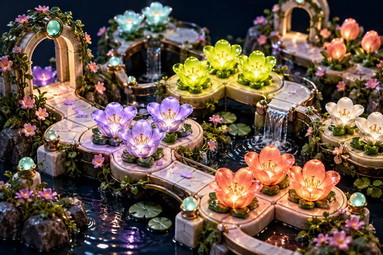 Conceptual miniature illustration: glowing glass flowers linked in a winding garden puzzle.