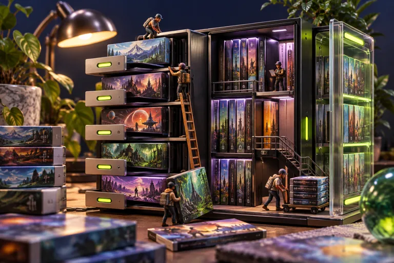 Conceptual miniature illustration for Managing Large Game Libraries: Storage Solutions.