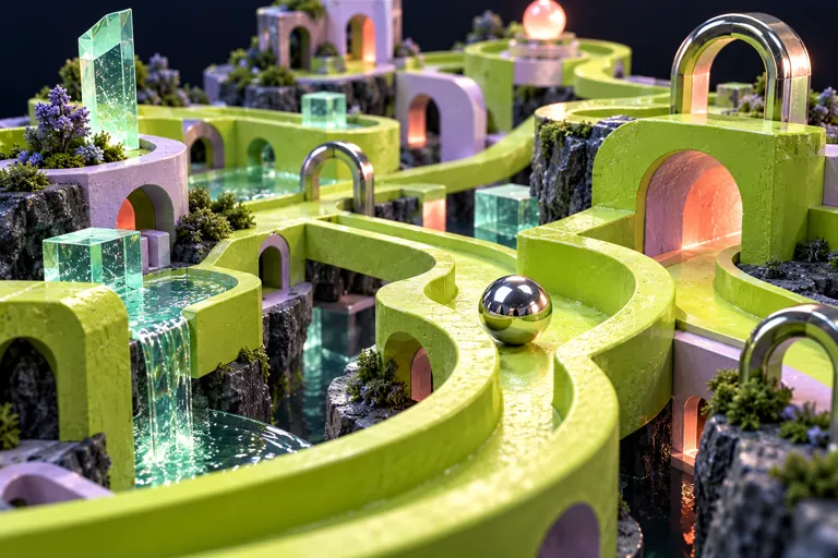 Conceptual miniature illustration: a chrome ball navigating a sculpted lime labyrinth.