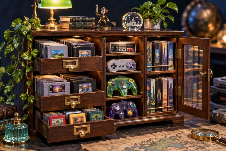 Conceptual miniature illustration: a beautiful miniature archive cabinet holding old game cartridges and controllers.