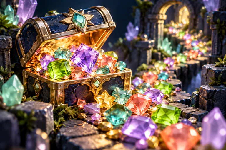 Conceptual miniature illustration: a small treasure chest opening onto a trail of brilliant colored gemstones.