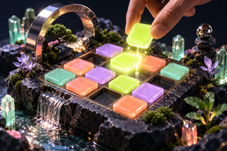 Conceptual miniature illustration: a premium miniature grid with merging luminous blank square tiles.