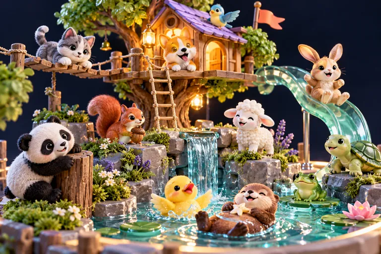 Conceptual miniature illustration: a playful miniature menagerie of friendly animal toys.