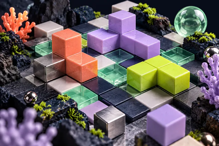Conceptual miniature illustration: layered coral, mint and violet blocks on a precise square grid.