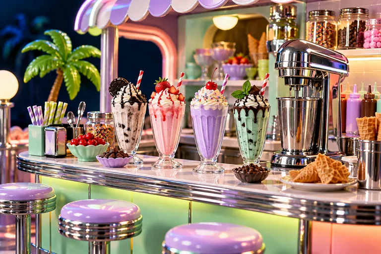 Conceptual miniature illustration: a miniature dessert counter with colorful ice cream glasses and a chrome mixer.