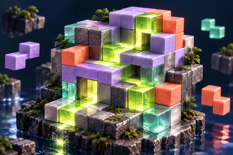 Conceptual miniature illustration: a stacked cubic block puzzle opening into clear geometric paths.