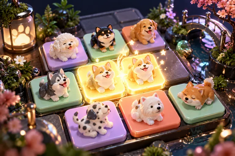 Conceptual miniature illustration: tiny friendly dog figurines beside merging square tiles, no numbers.