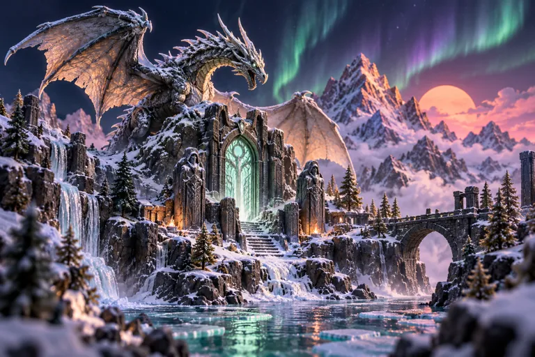 Conceptual miniature illustration: an original miniature fantasy mountain landscape with a sculptural dragon and ancient doorway.