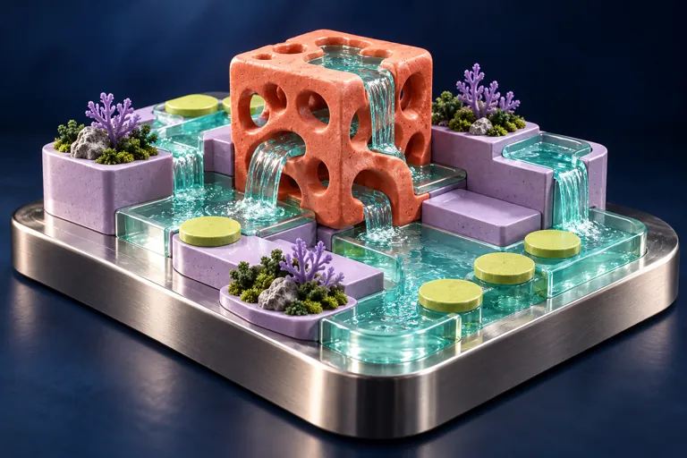 Conceptual water-puzzle illustration with a coral porous cube and miniature water channels.