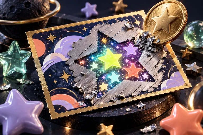 Conceptual miniature illustration: a playful scratch-surface puzzle tile revealing colorful stars, no money, no betting.