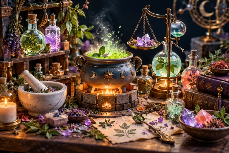 Conceptual miniature illustration: a miniature alchemy workstation with glass flasks, dried leaves and crystal ingredients.
