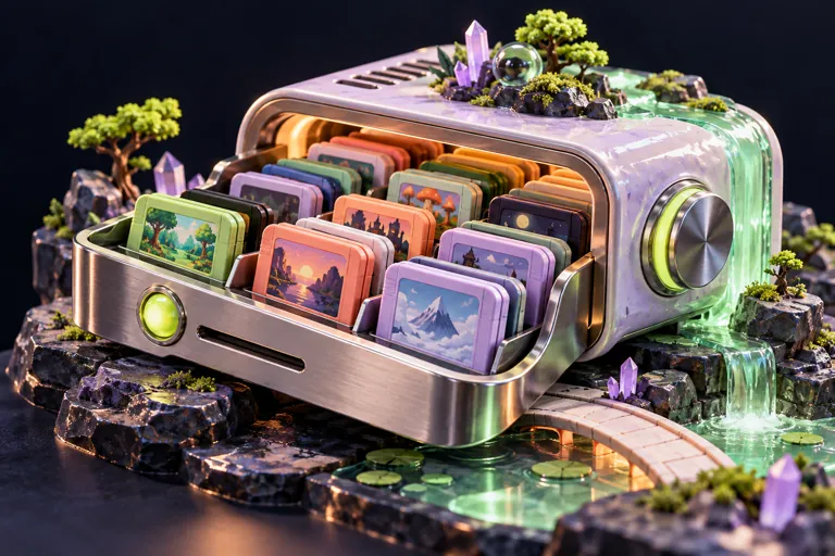 Conceptual miniature illustration: a sculptural storage drive with neatly arranged miniature game cartridges.
