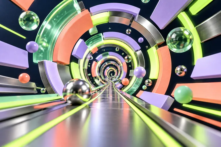 Conceptual miniature illustration: a dramatic miniature geometric tunnel of rotating mint, coral and lilac rings.