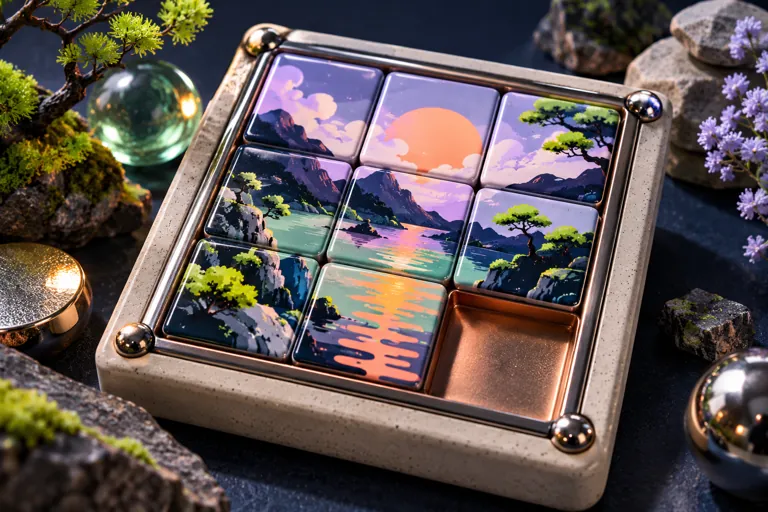 Conceptual miniature illustration: sliding picture tiles on a beautiful mechanical puzzle tray.