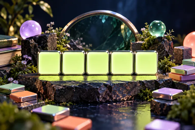 Conceptual miniature illustration: five blank glowing letter tiles arranged as a compact word puzzle, no text.