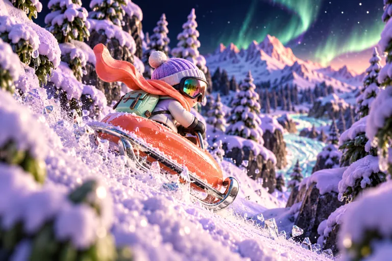 Conceptual miniature illustration: a miniature coral sled rushing through a lavender snowy pine forest.