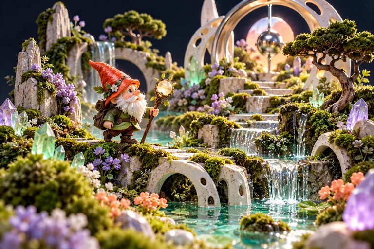 Conceptual miniature illustration: an original miniature gnome exploring a sculptural moss garden.