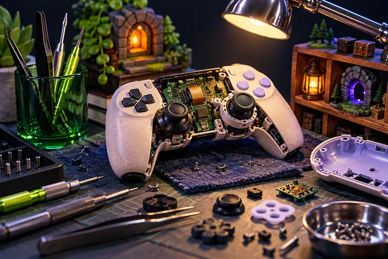 Conceptual miniature illustration: a miniature controller on a tiny repair workbench with precision tools.