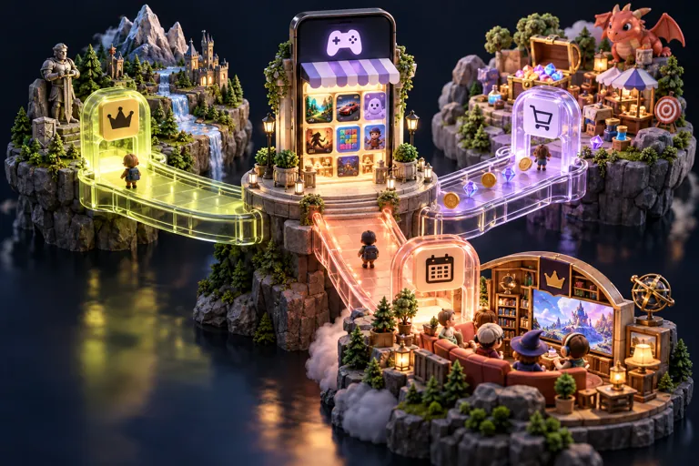 Conceptual miniature illustration: a miniature mobile game storefront model with transparent branching pathways, no money promises.