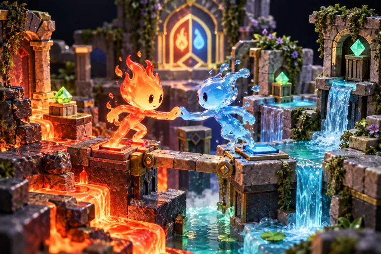 Conceptual miniature illustration: two original abstract fire and water pawns cooperating across miniature temple switches.