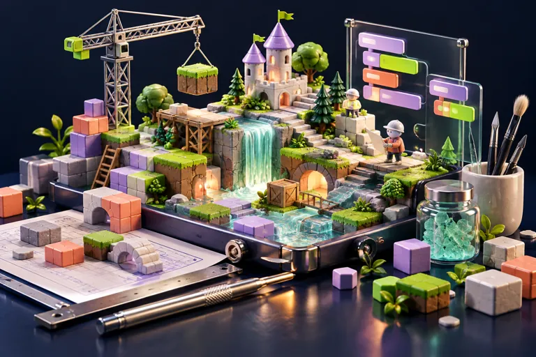 Conceptual miniature illustration: a miniature game world under construction with architectural tools and blank code-like blocks.