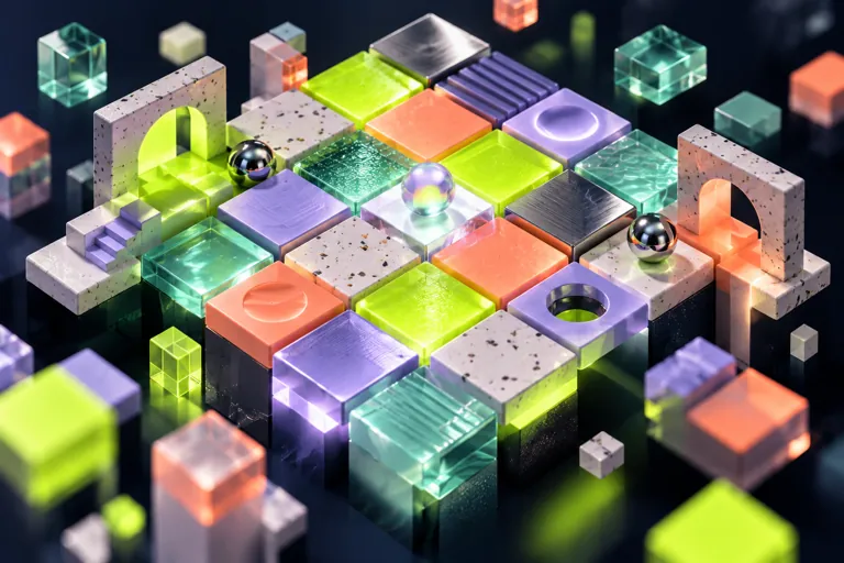 Conceptual miniature illustration: a diagonal lattice of luminous colorful square tiles.