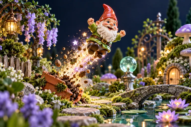 Conceptual miniature illustration: a porcelain garden gnome launched above a whimsical miniature garden.