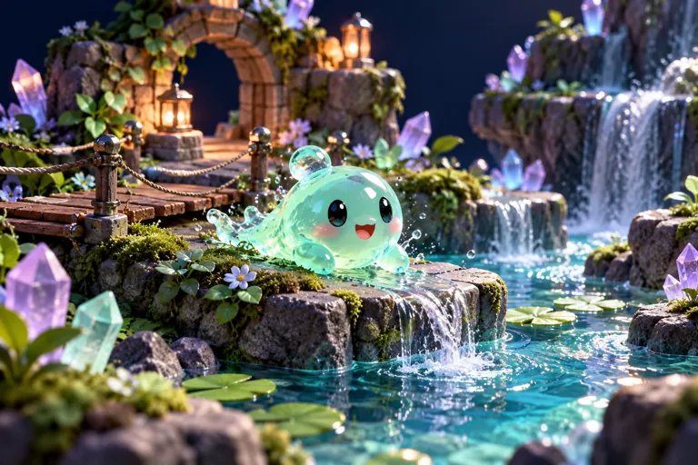 Conceptual miniature illustration: a friendly translucent mint slime at the edge of a miniature river platform.