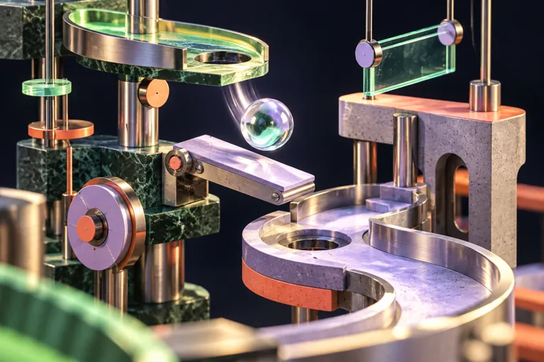 Conceptual miniature illustration: a polished orb dropping through articulated mechanical platforms.
