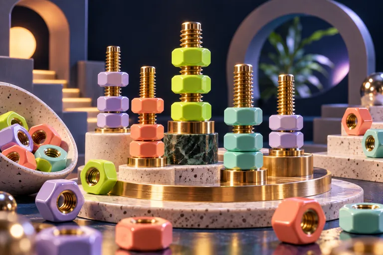 Conceptual miniature illustration: colorful nuts sorted on polished brass bolts.