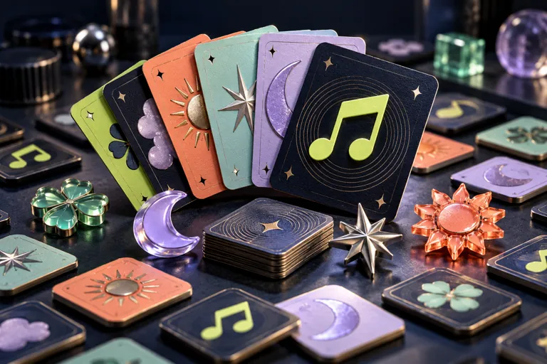 Conceptual miniature illustration: a fan of tactile matching cards and miniature geometric memory tokens.