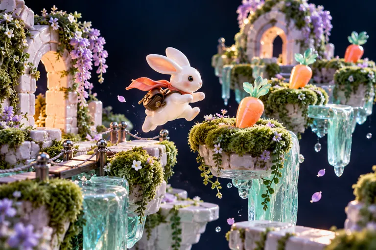 Conceptual miniature illustration: a small original porcelain rabbit exploring mossy miniature platforms and carrots.