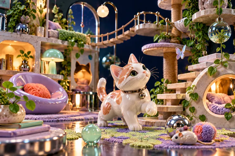 Conceptual miniature illustration: an original porcelain cat exploring a delightful miniature room.