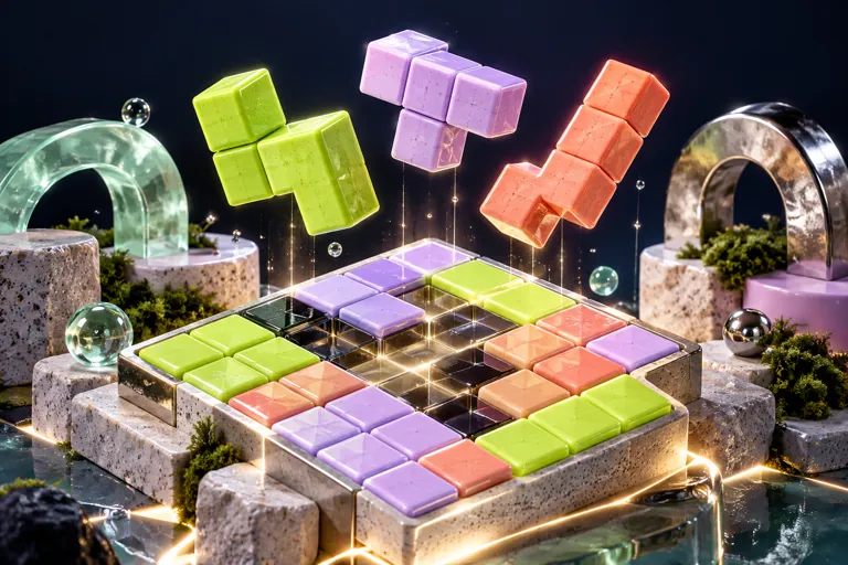 Conceptual miniature illustration: three colorful polyomino pieces hovering above a carefully built grid board.
