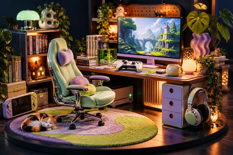 Conceptual miniature illustration: an exquisite miniature desk with screen, controller, ergonomic chair and warm accent lighting.