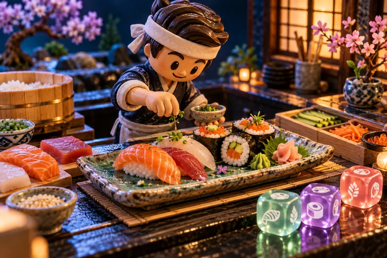 Conceptual miniature illustration: a miniature sushi counter with handcrafted sushi and a ceramic serving tray.
