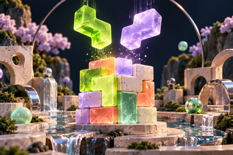 Conceptual miniature illustration: two translucent blocks converging above a puzzle tower.