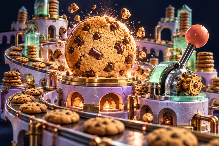 Conceptual miniature illustration: a sculptural golden cookie and a playful mechanical clicker lever.